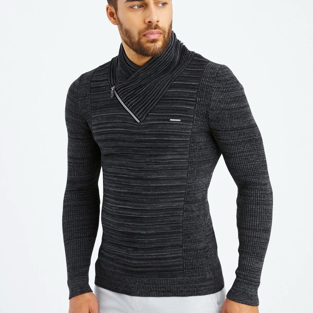 Leif Nelson Men's Black Anthracite Fine Knit Sweater W Zipper Shawl Collar Slim